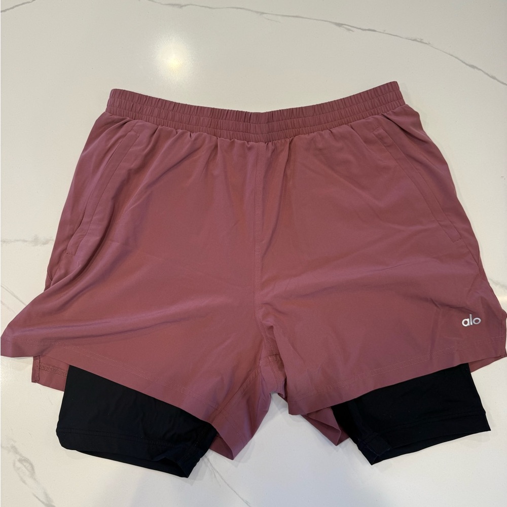 ALO Yoga Men's 2 in 1 Revival Red Lined Athletic Shorts